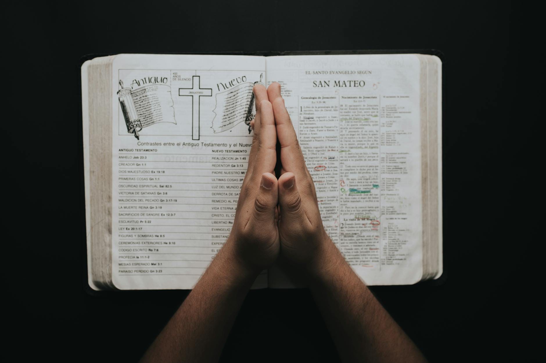 Złożone dłonie w modlitwie na otwartej Biblii z Ewangelią Mateusza